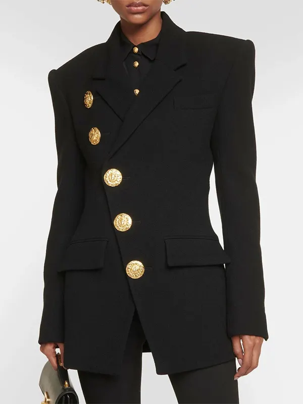 Solid Color Pockets Buttoned Plus Size Loose Notched Collar Outerwear Blazer BLACK-S