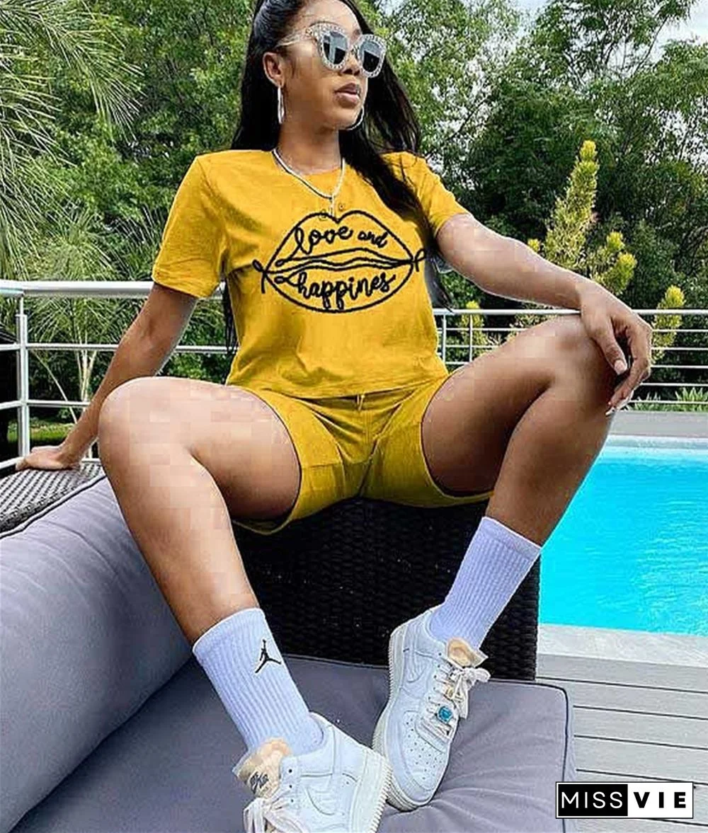 Casual Short Sleeve T Shirt Biker Shorts Tracksuit