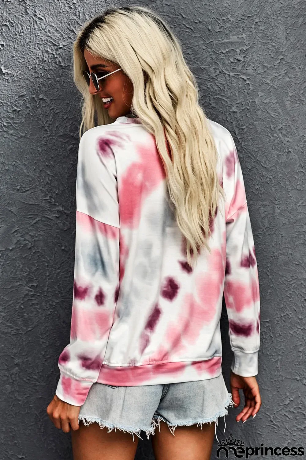Pink Casual Tie-dye Round Neck Sweatshirt