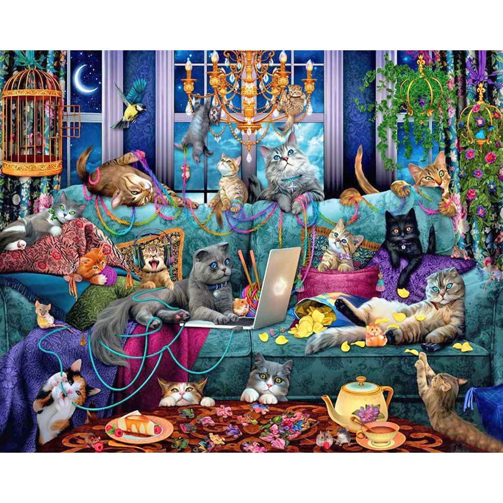 Cat And Cat Party 50*40cm(canvas) full round drill diamond painting