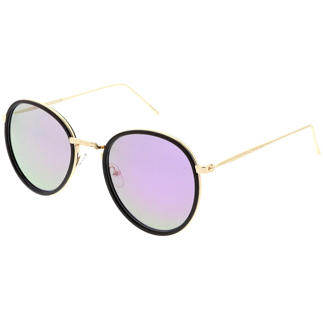 Modern Round glasses Engraved Slim Metal Arms  Color Mirrored Flat Lens 51mm