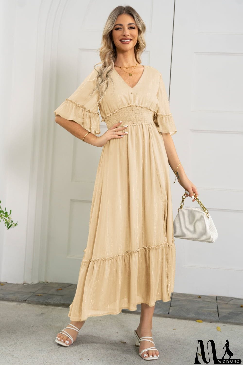 MidiSono - V-Neck Flounce Sleeve Smocked Waist High Slit Dress