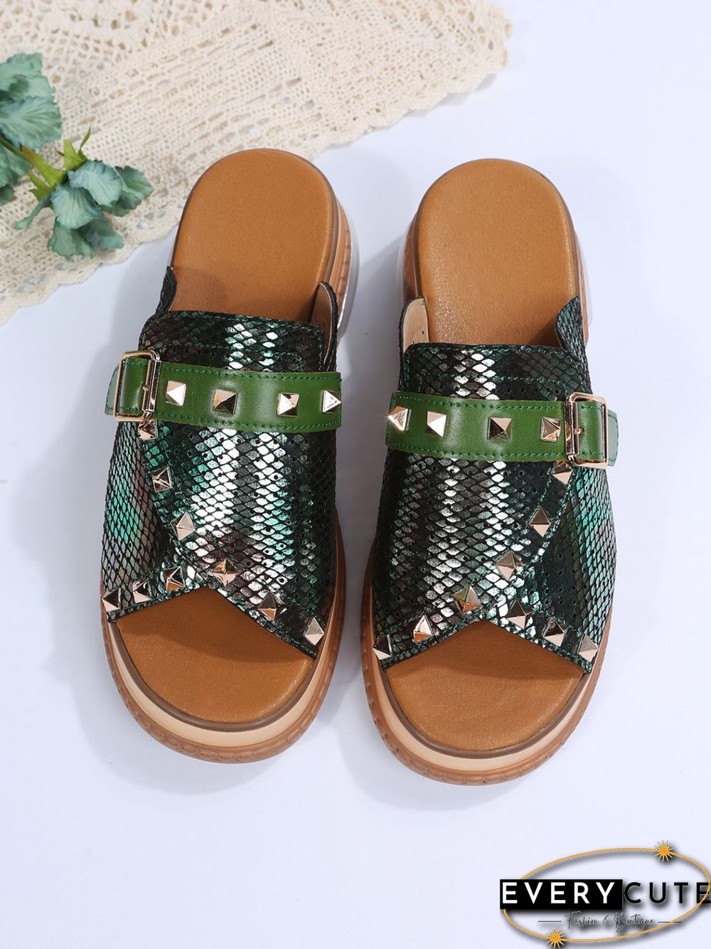 Urban Studded Snake Print Chunky Heel Slippers