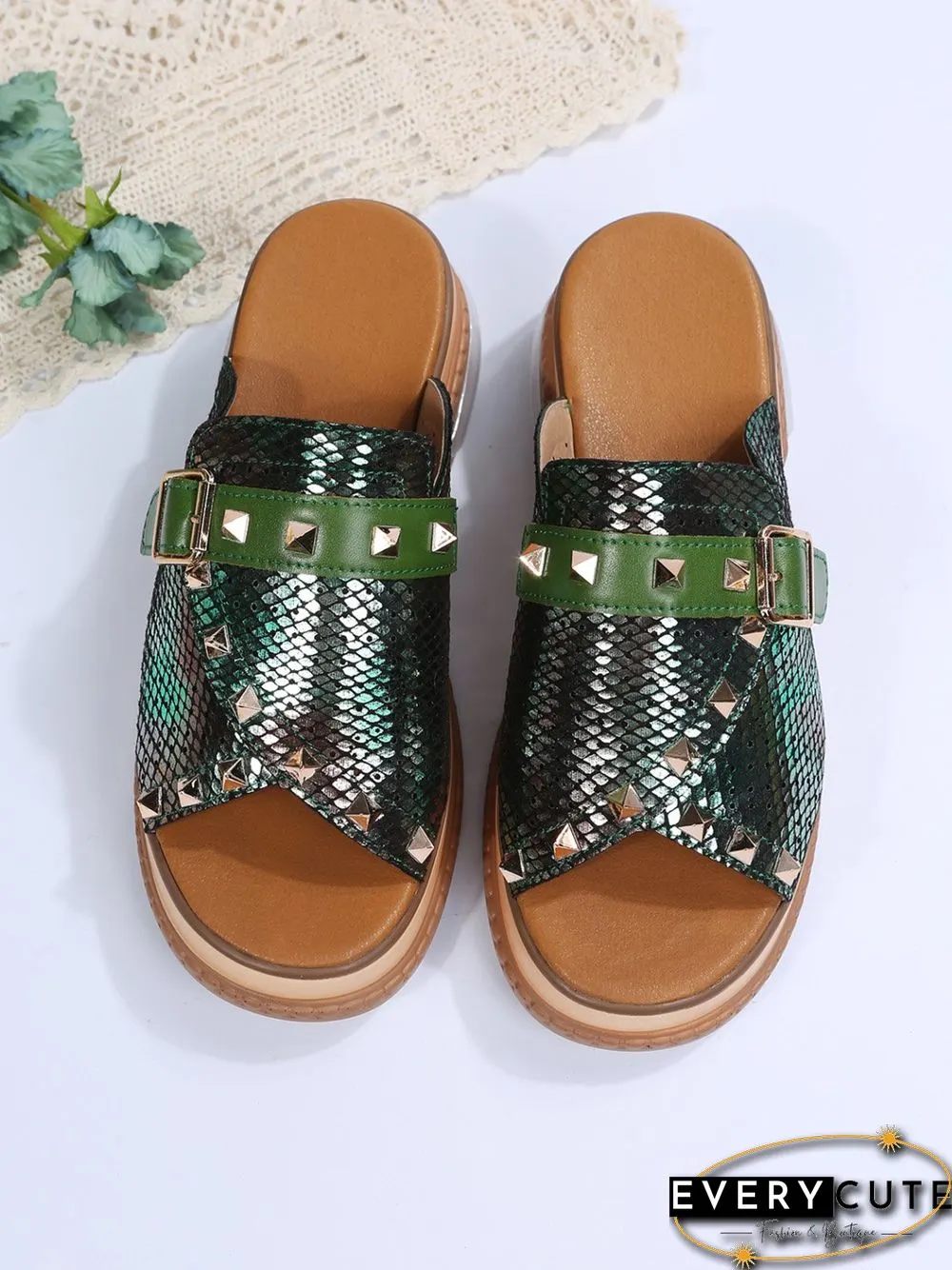 Urban Studded Snake Print Chunky Heel Slippers