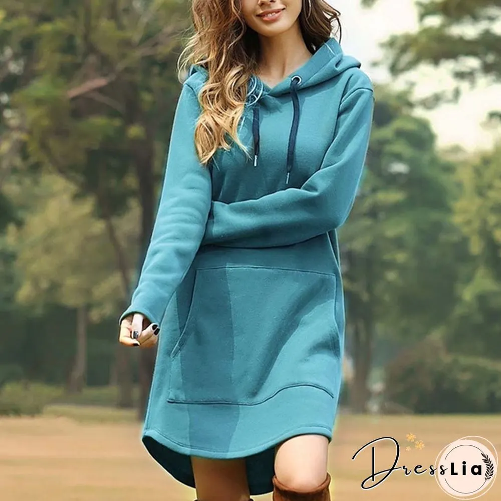 Womens Plus Size Solid Color Long Sleeve Loose Pocket Drawstring Hoodies Dress