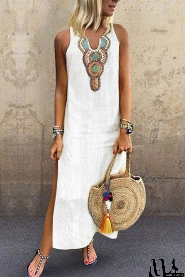 MidiSono - Sleeveless V-neck Slit Tunic Dress