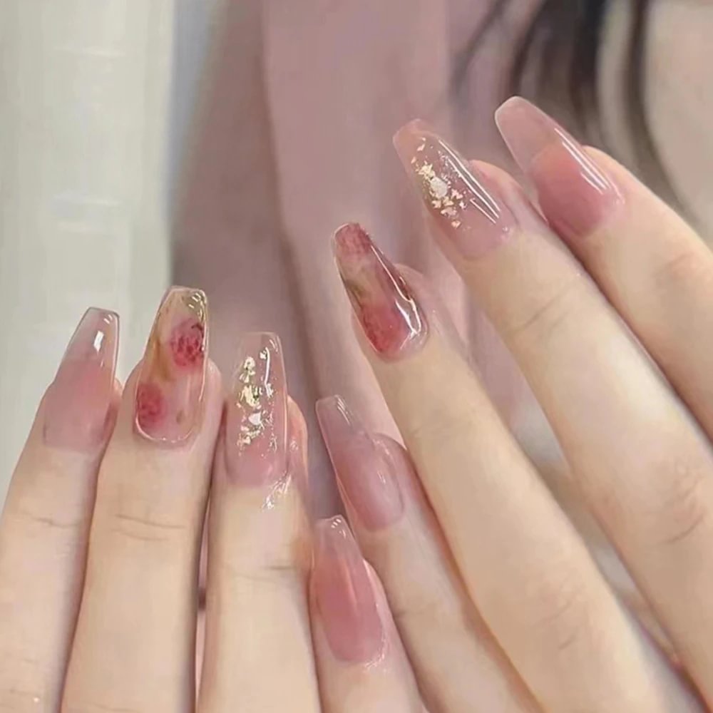 Agreedl Nails Coffin Shape 24PCS Rose Flowers Ballerina False Nails Gold Foil Nails For Women Girls Press On Nails Free Shipping