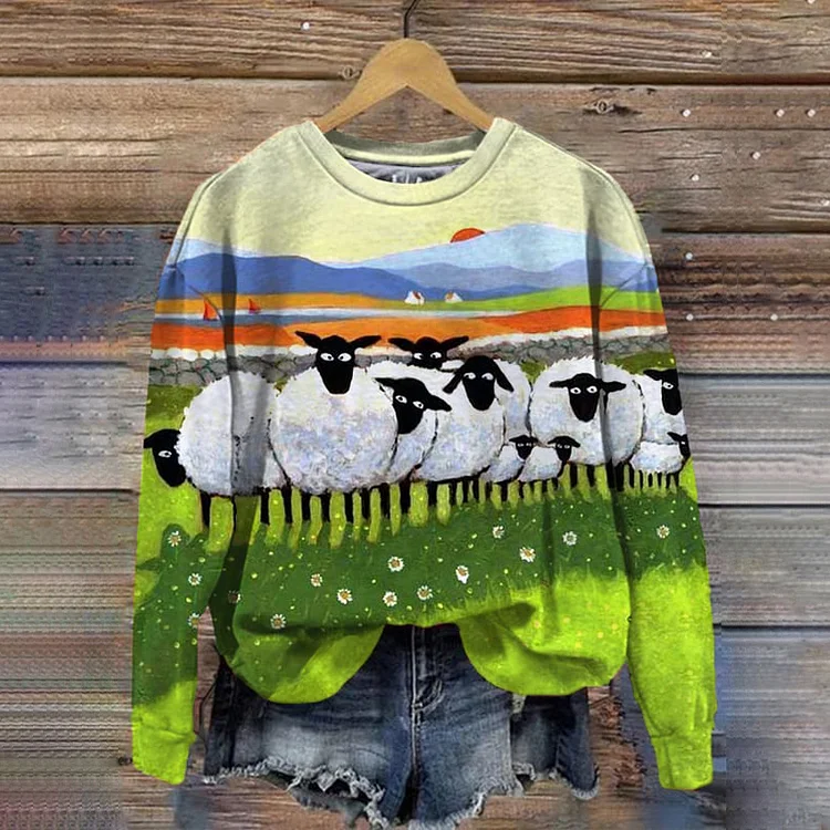 Sheep Print Crew Neck Casual Sweatshirt