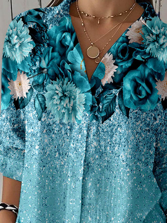 Women 3/4 Sleeve Shirt Collar Floral Printed Graphic Button Tops