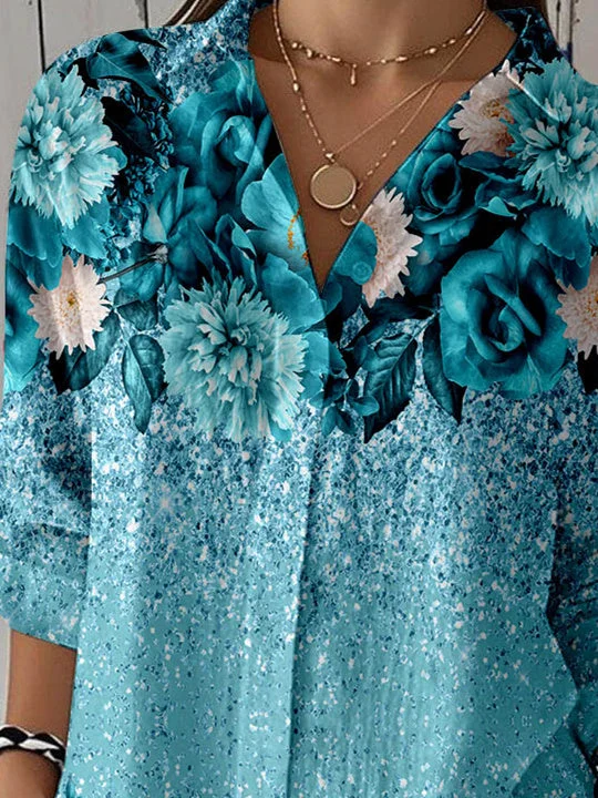 Women 3/4 Sleeve Shirt Collar Floral Printed Graphic Button Tops