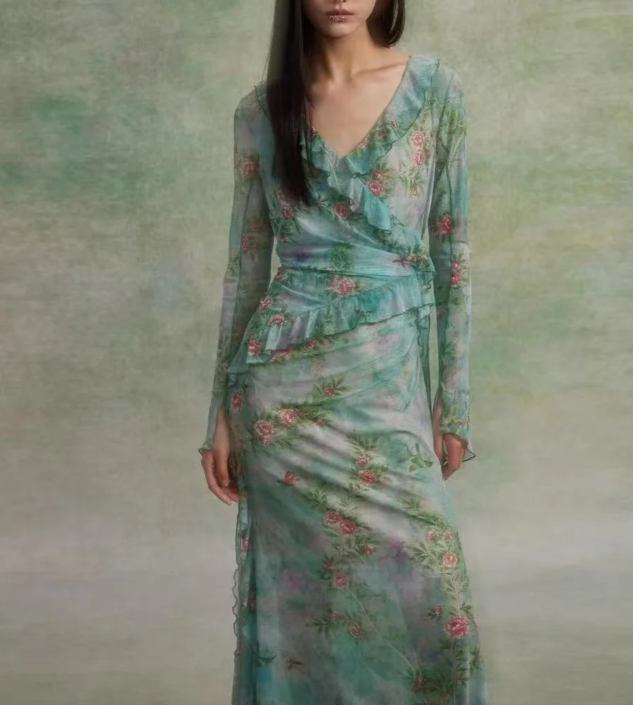 Silk Ruffle Floral Maxi Dress