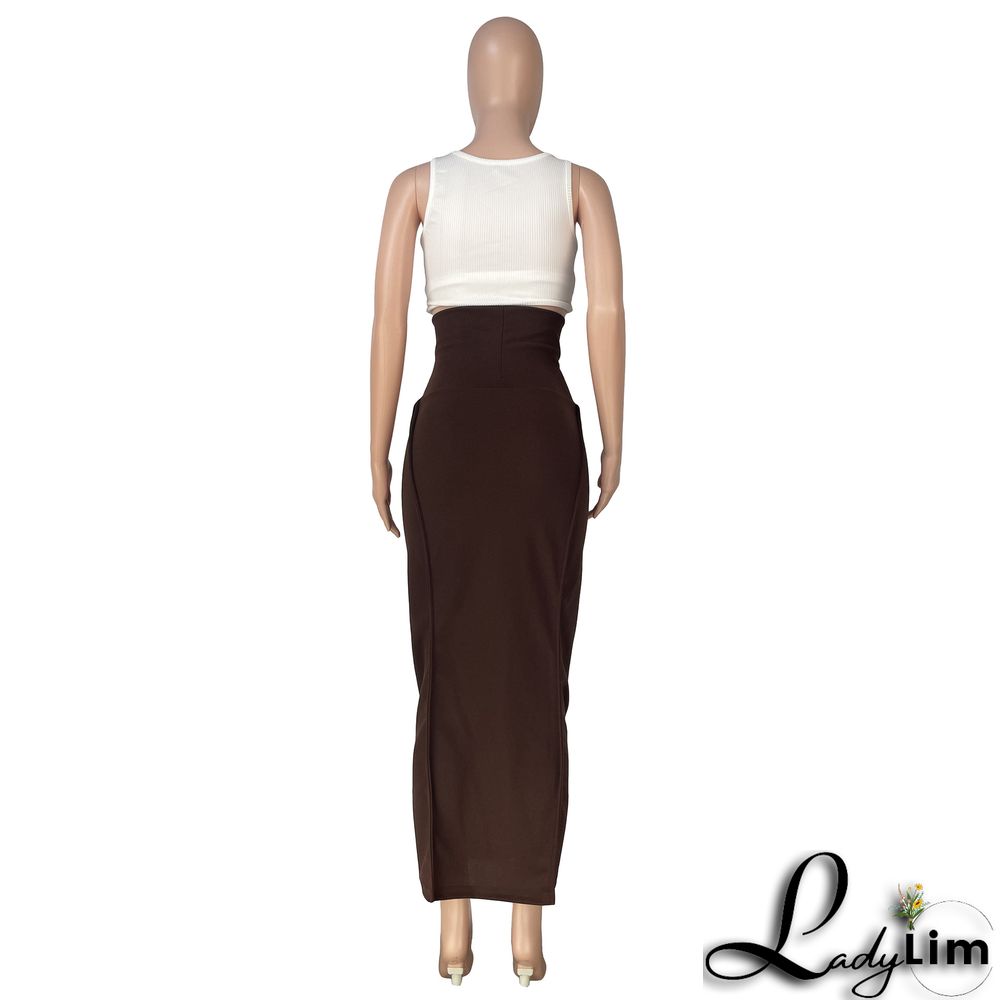 Women's Fashion Solid Color High Waist Elastic Tummy Control Patchwork Car Trim Maxi Dress