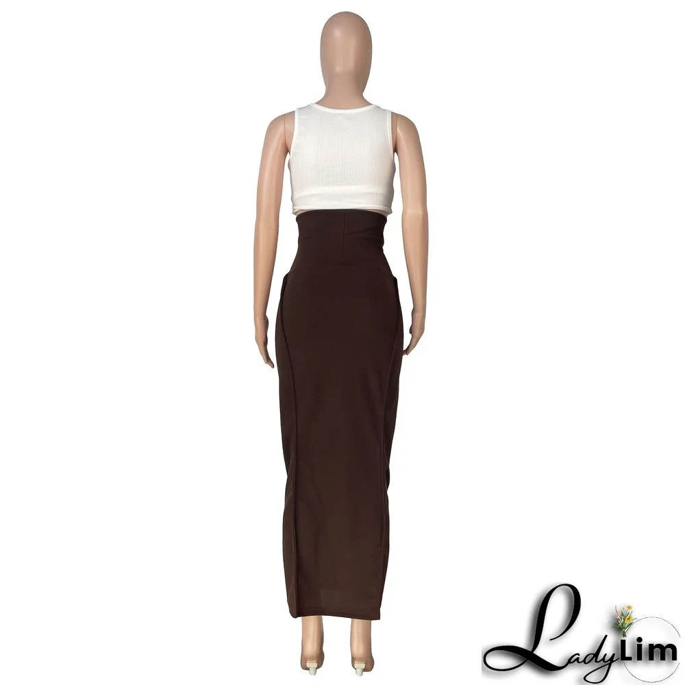 Women's Fashion Solid Color High Waist Elastic Tummy Control Patchwork Car Trim Maxi Dress