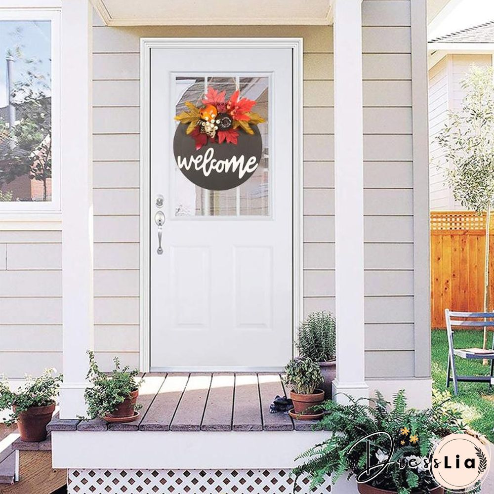 Wooden Door Sign Skull Pumpkin Wreath Wall Hanger Decor For Halloween