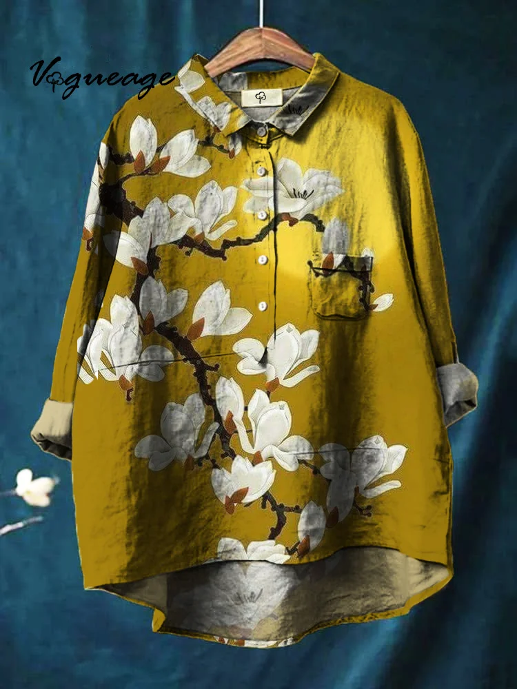 Elegant Gentle And Generous Plants And Flowers Print Cotton And Linen Shirt
