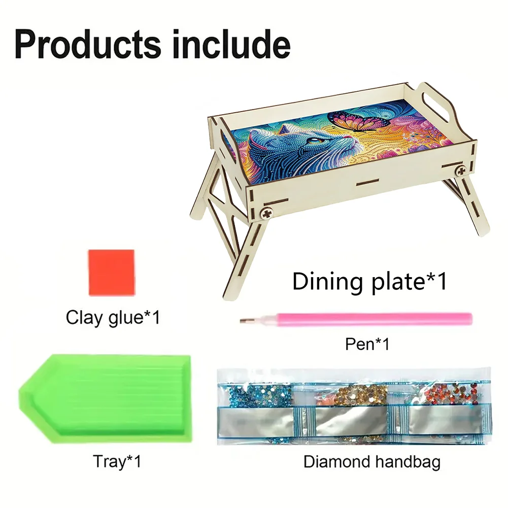 5D DIY Butterfly-Kitten Diamond Painting Serving Tray with Handle for Home Decor