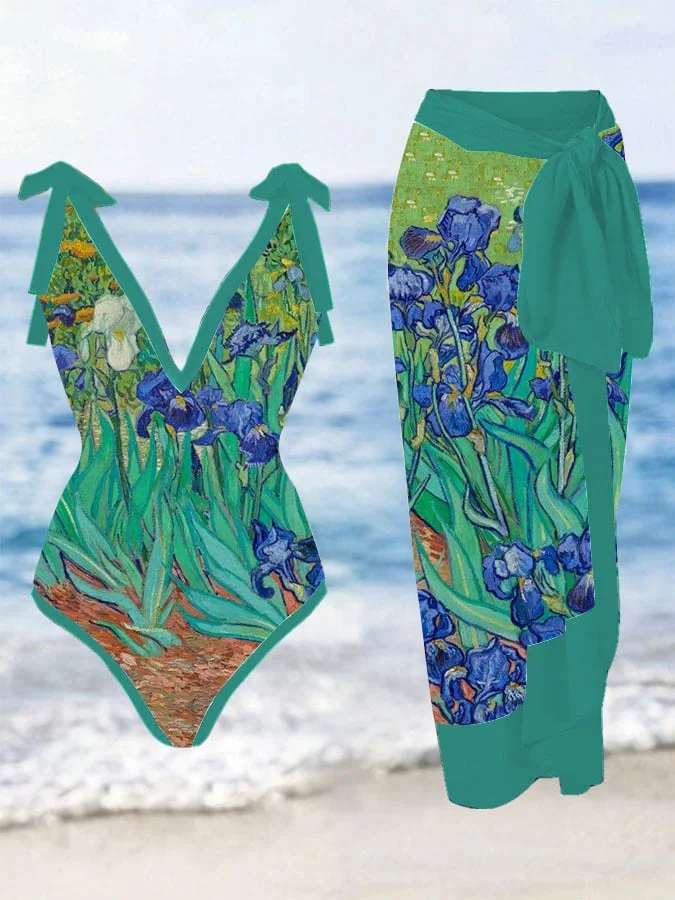 Women's Van Gogh Iris Flower Oil Painting V-Neck Swimsuit Blouse Set