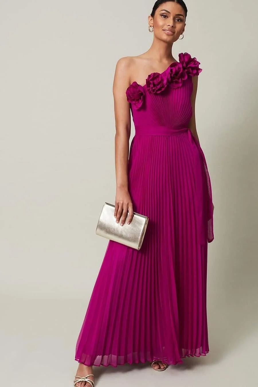 Miabel Stunning Orchid Chiffon One Shoulder Sleeveless Long Pleated Prom Dress with Flowers 