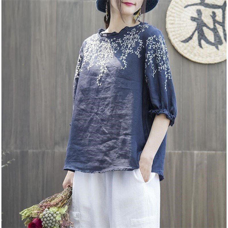 Loose Vintage Embroidery Tee Cotton Linen T-shirts