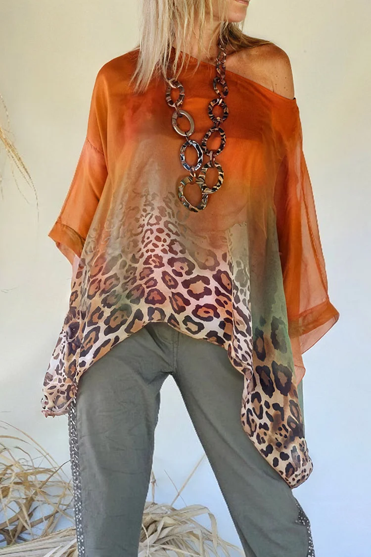 Plus Size Vacation Orange Leopard Oblique Collar 3/4 Sleeve Elegant Blouses [Pre-Order] 2024 - Xpluswear