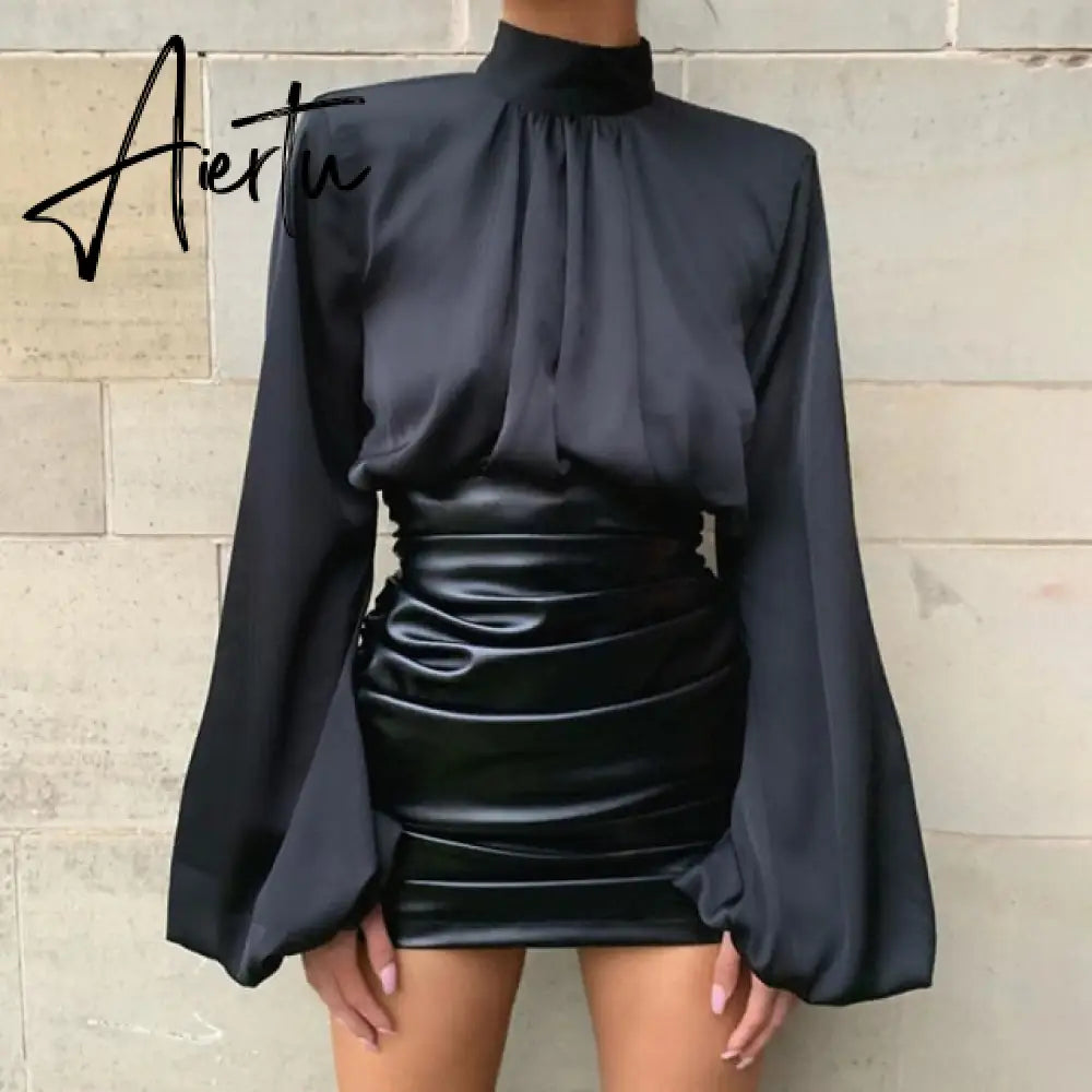 Silk White Black Cropped Top Ladies Blouse Puff Sleeve Ruched Turtleneck Women Long Sleeve Shirt Casual Sexy Loose Top Aiertu