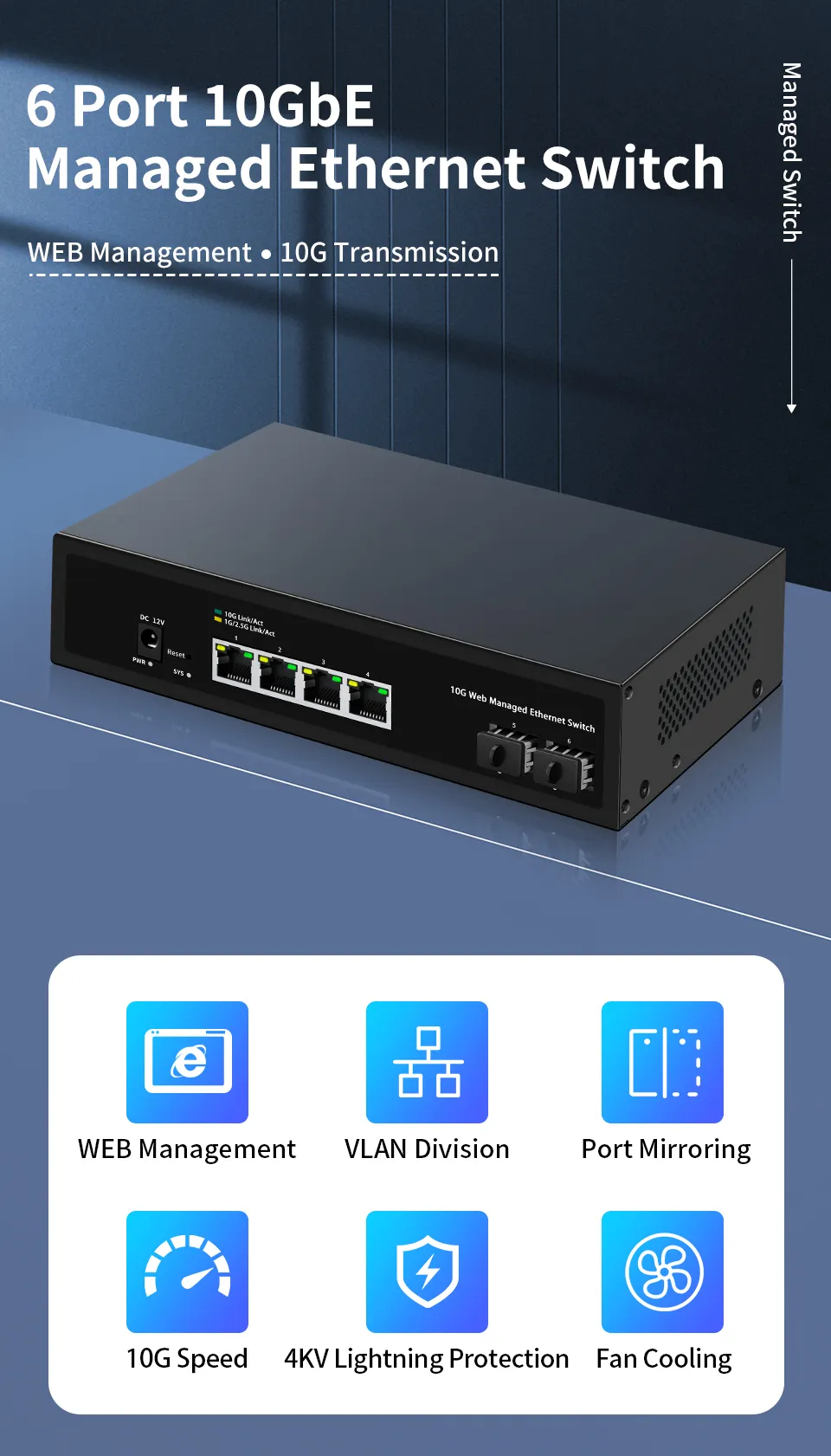 GoodTop 10GbE Web Managed Switch 4 Port RJ45 10000Mbps Smart