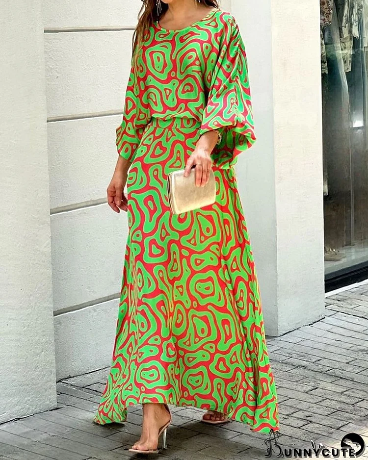 Women Loose Print Long Sleeve Top+Long Dress Two Piece Set