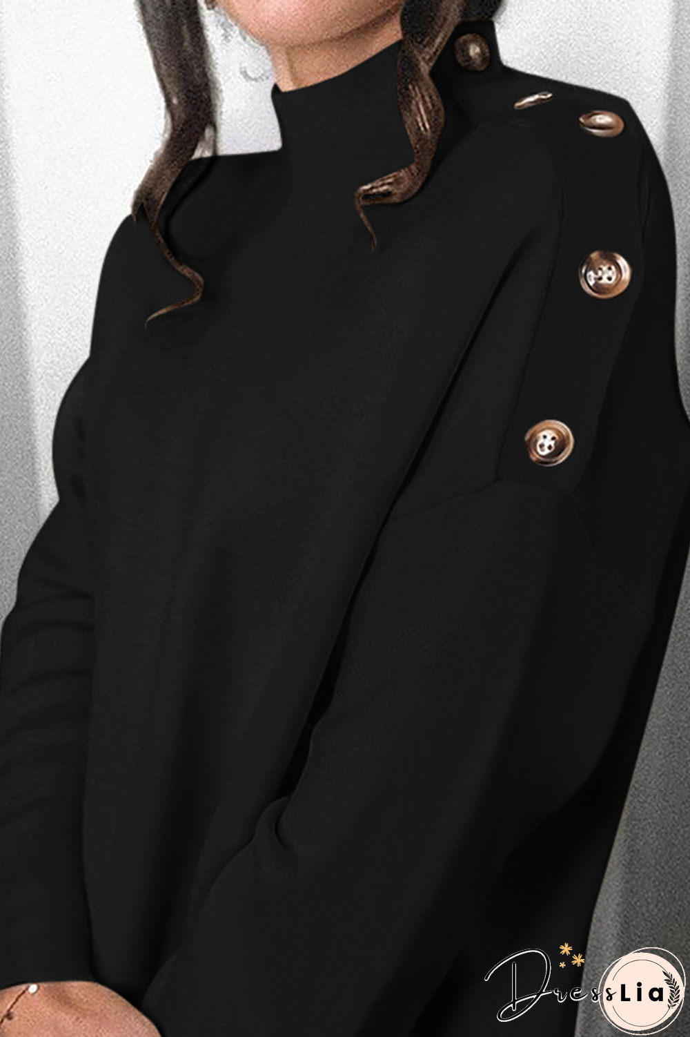 Elegant Solid Patchwork Buttons Turtleneck Tops