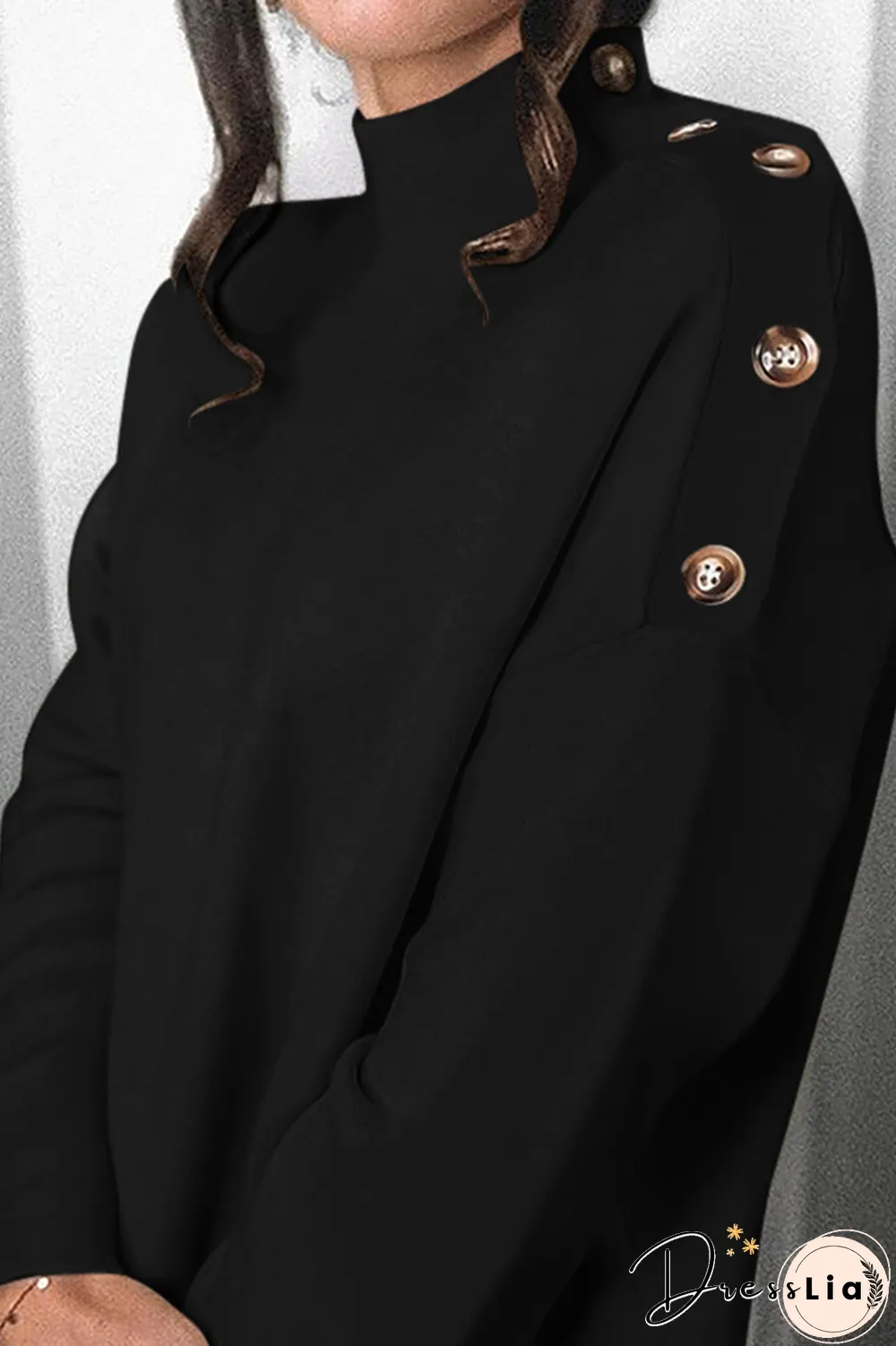 Elegant Solid Patchwork Buttons Turtleneck Tops