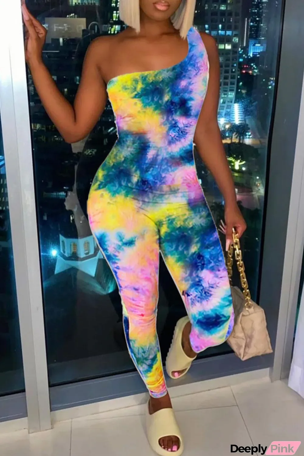 Purple Sexy Casual Tie Dye Printing One Shoulder Skinny Jumpsuits