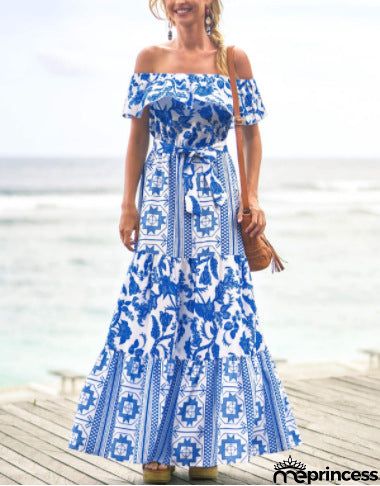 Summer Herringbone Neck High Waist Print Dress