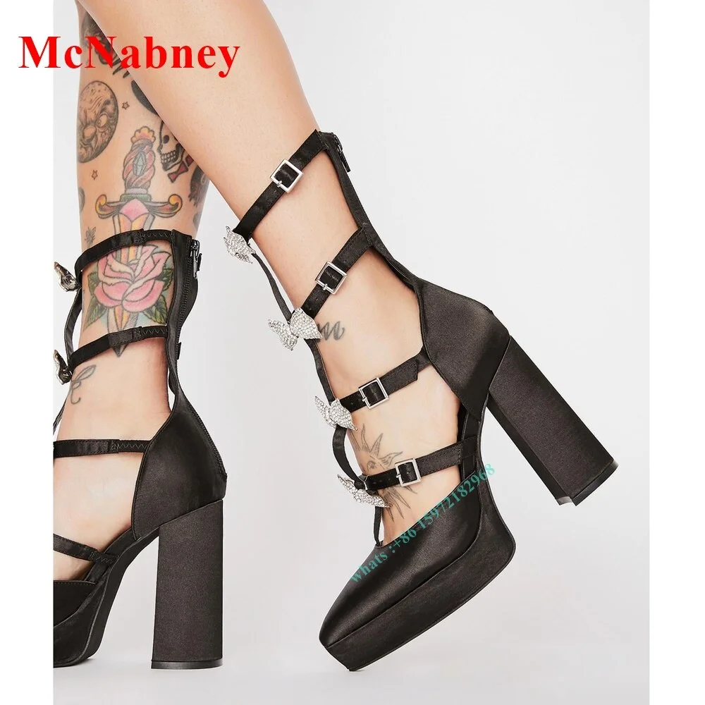 Rhinestone Bow New Pumps Pointy Toe Silk Chunky Heel Hollow Buckles Women Shoes Back Zipper Solid Spring Fashion Pump New Design