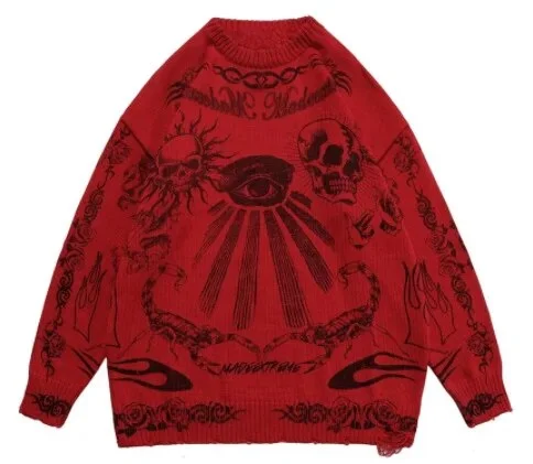 Wongn New Street Girls Gothic Fashion Harajuku Punk Rock Hip-hop Skull Dark Flame Y2K Neck Long Sleeve Knitted Fashion Sweater