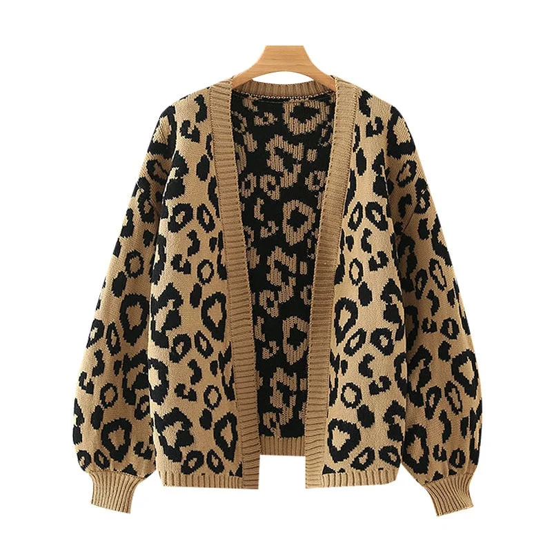 TRAF Women Fashion Leopard Pattern Loose Knitted Cardigan Sweater Vintage Lantern Sleeve Female Outerwear Chic Tops