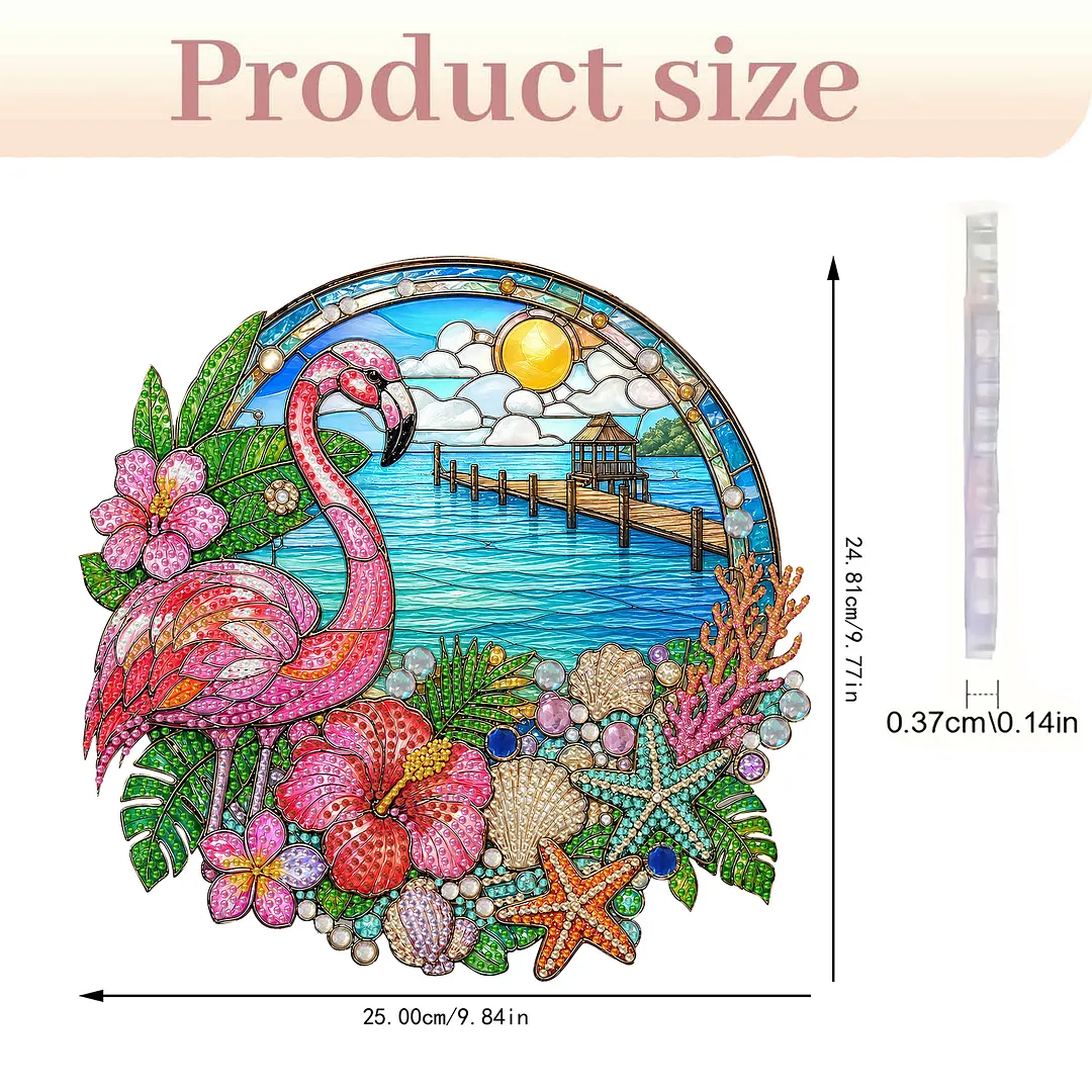 Flamingo Beach Scene 2D Flat DIY PET Diamond Painting Pendant Special Shape Hanging Gem Art Paintings Charm Single Side Drill for Adults Home Wall Window Decor