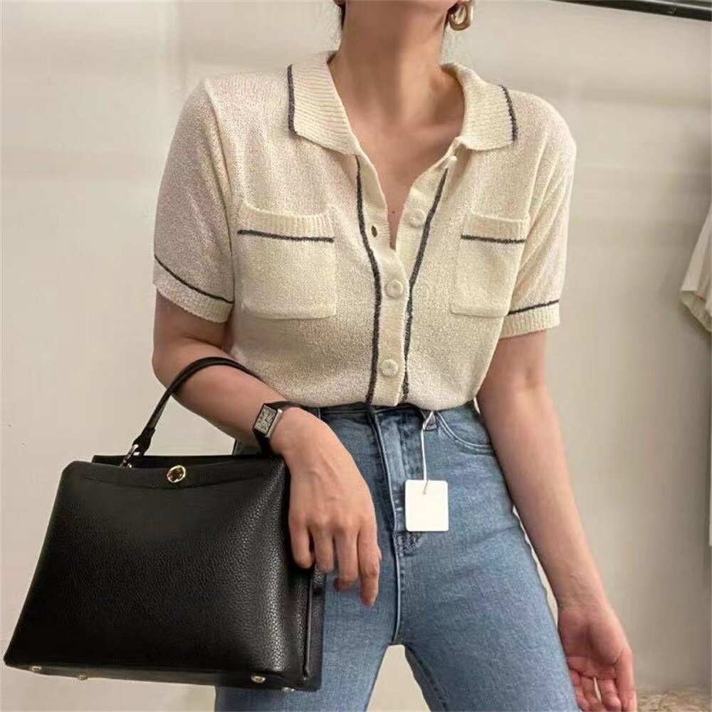 Brownm Vintage Women Girls 2021 Retro Chic Patchwork Short Sleeve Knitted Tops Cardigans Summer Knitwear Streetwear New Sweaters