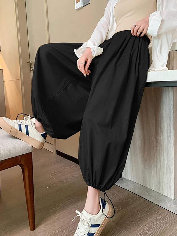 Split-Joint Solid Color Pleated Elasticity Drawstring Wide Leg Loose Trousers Pants Ninth Pants Knickerbockers