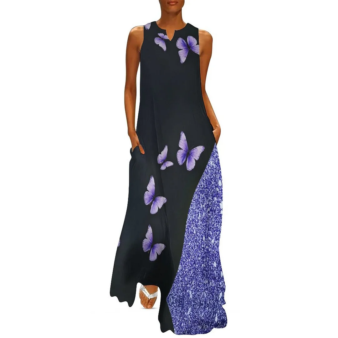 Style & Comfort for Mature Women Plus Size Printed Sleeveless Casual Women Maxi Dress with Pockets in Pattern Purple, Butterfly, Glitter