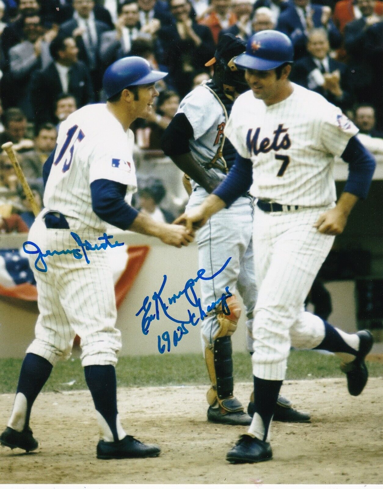 JERRY GROTE / ED KRANEPOOL NEW YORK METS 1969 WS CHAMPS ACTION SIGNED 8x10