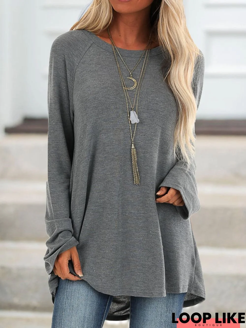 Solid Raglan Sleeve Crew Neck Casual Loose Sweatshirt