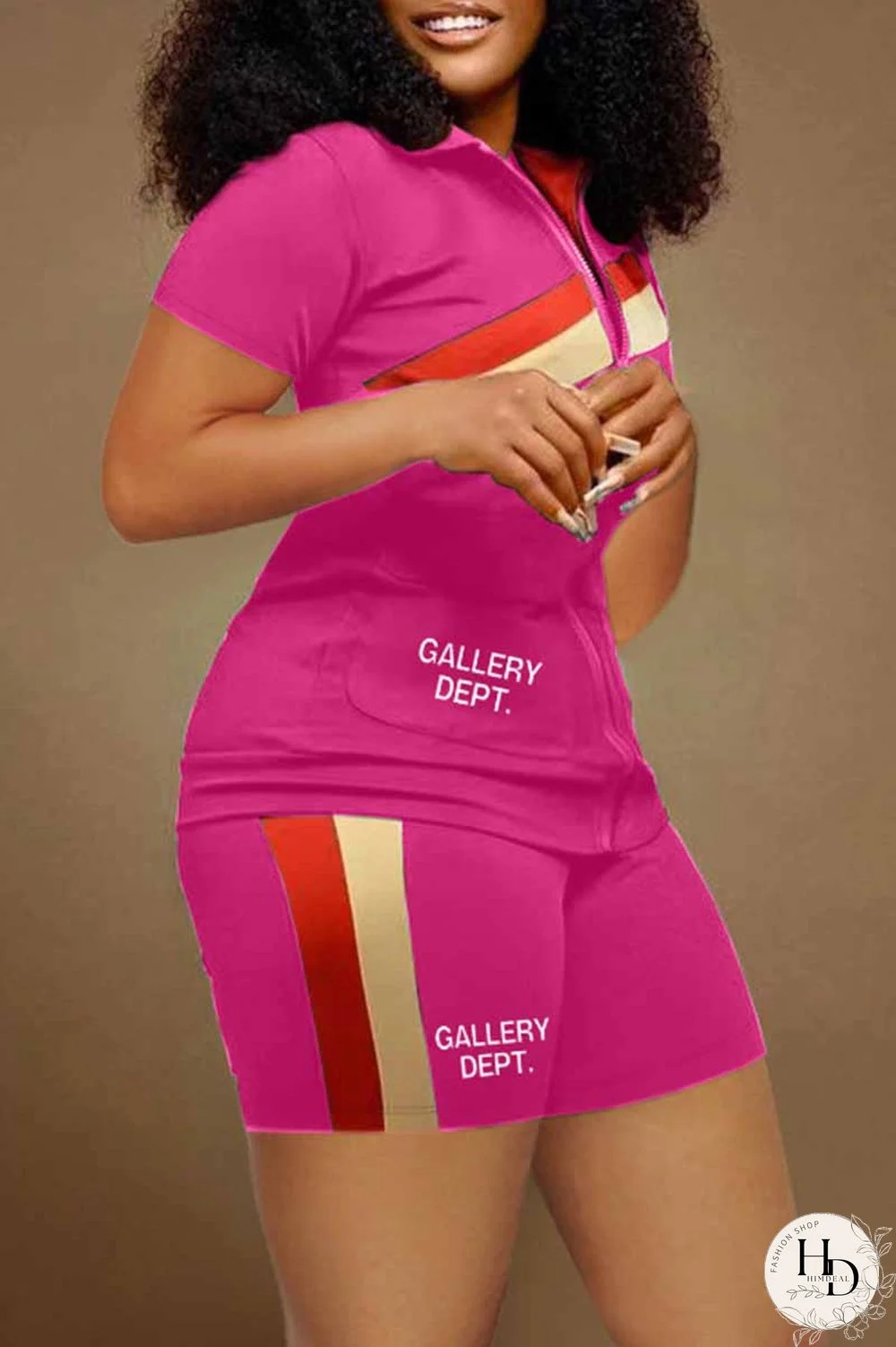 Rose Red Casual Street Print Letter Zipper Collar Short Sleeve Two Pieces