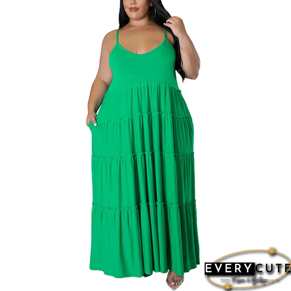 Green Pocket Casual Plus Size Long Dress