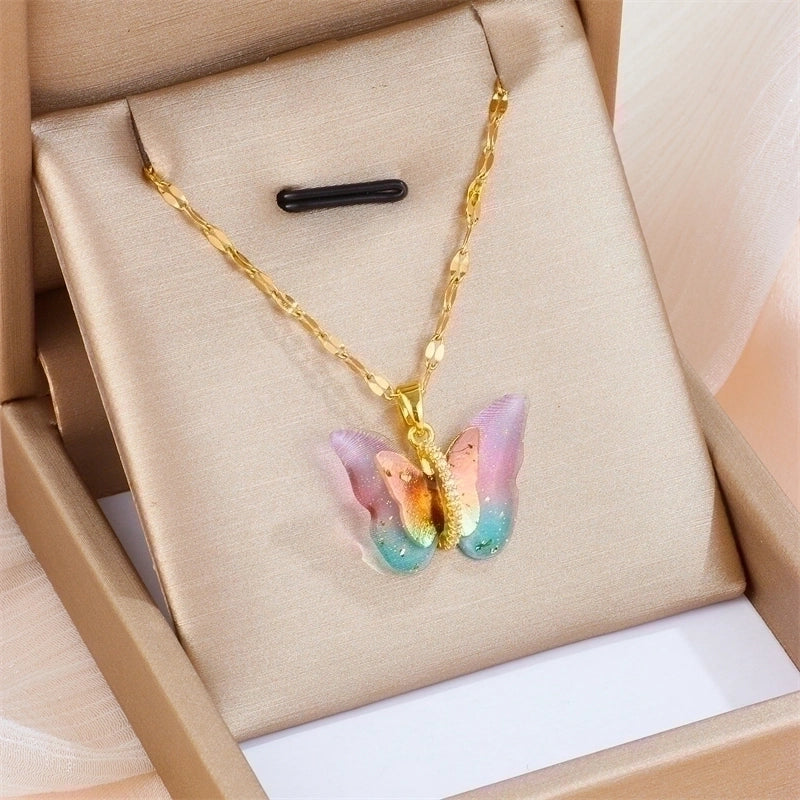 Sweet Butterfly Titanium Steel Inlay Artificial Gemstones Pendant Necklace