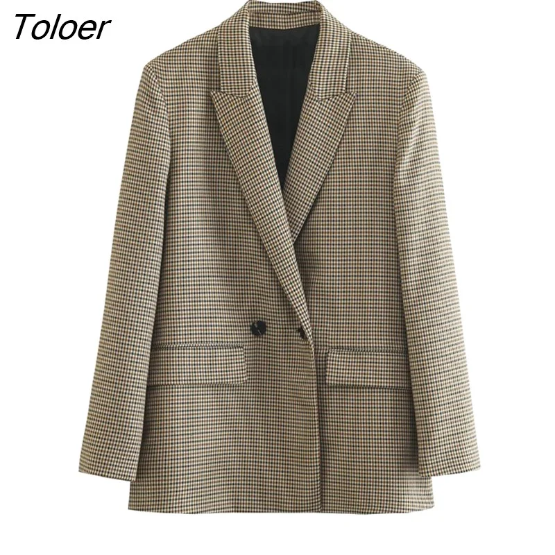 Toloer Women Vintage Double Breasted Notched Collar Plaid Blazer Coat Femme Long Sleeve Flap Pockets Outerwear Chic Veste CT2556