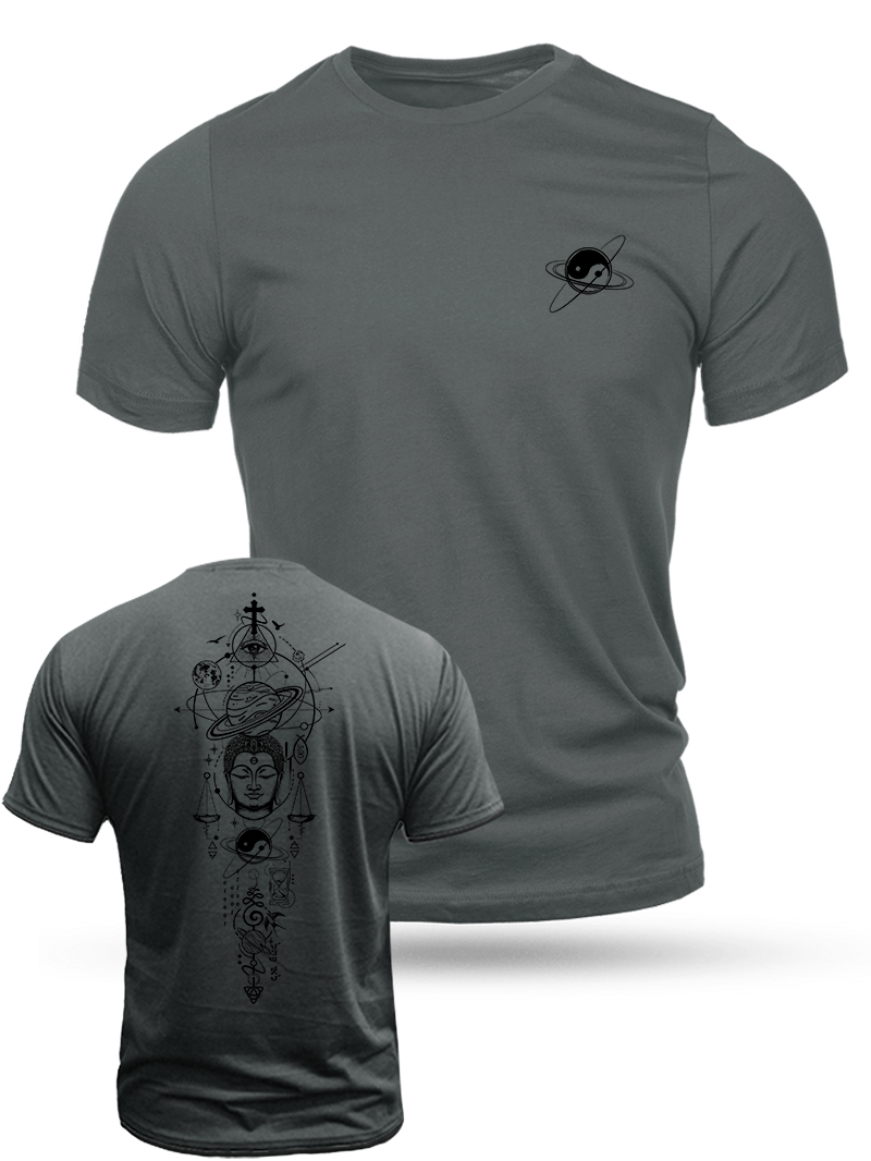 Men's Yin and Yang Planets Buddhist Tattoo Print Casual Short Sleeve T-shirt