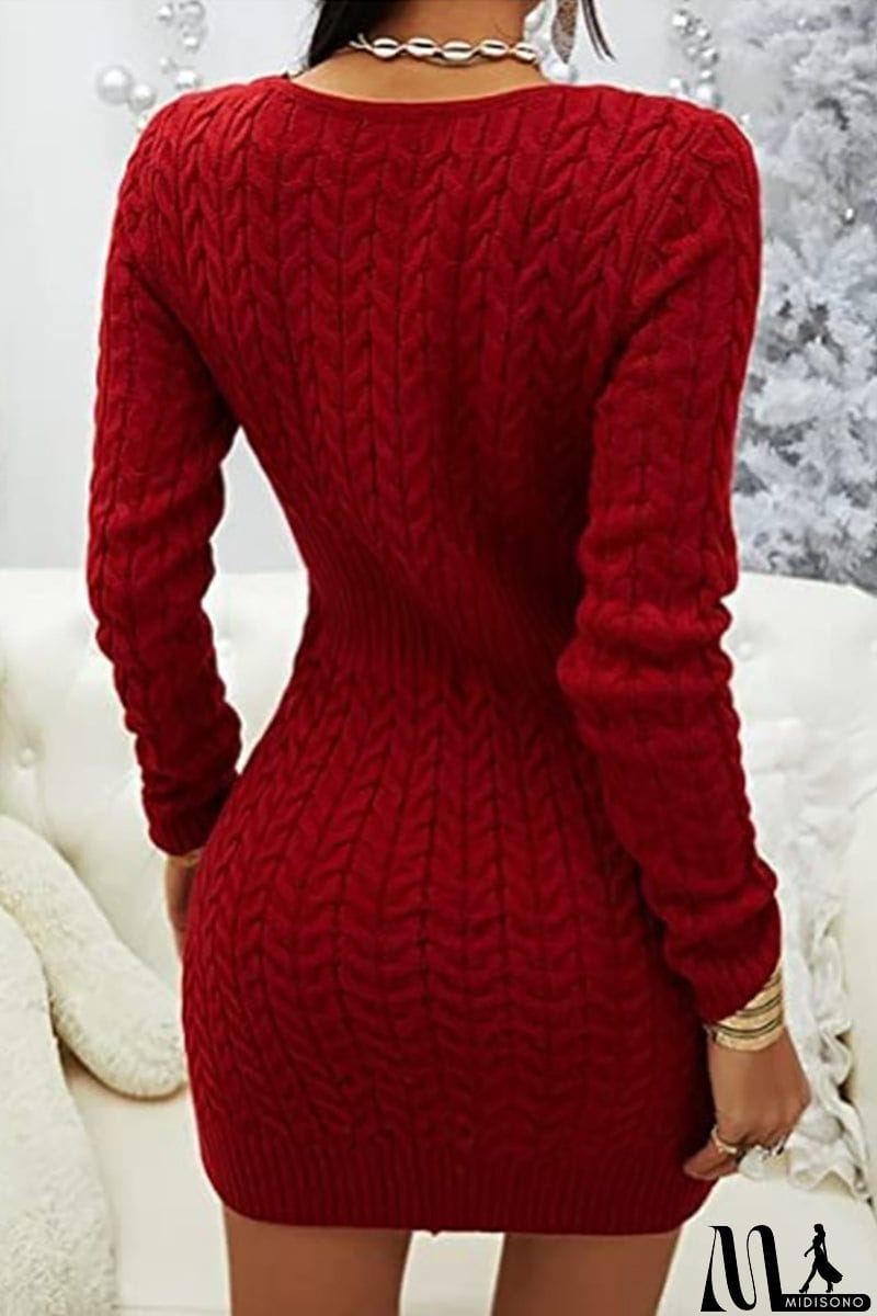 MidiSono - Zipper V Neck Bodycon Sweater Dress