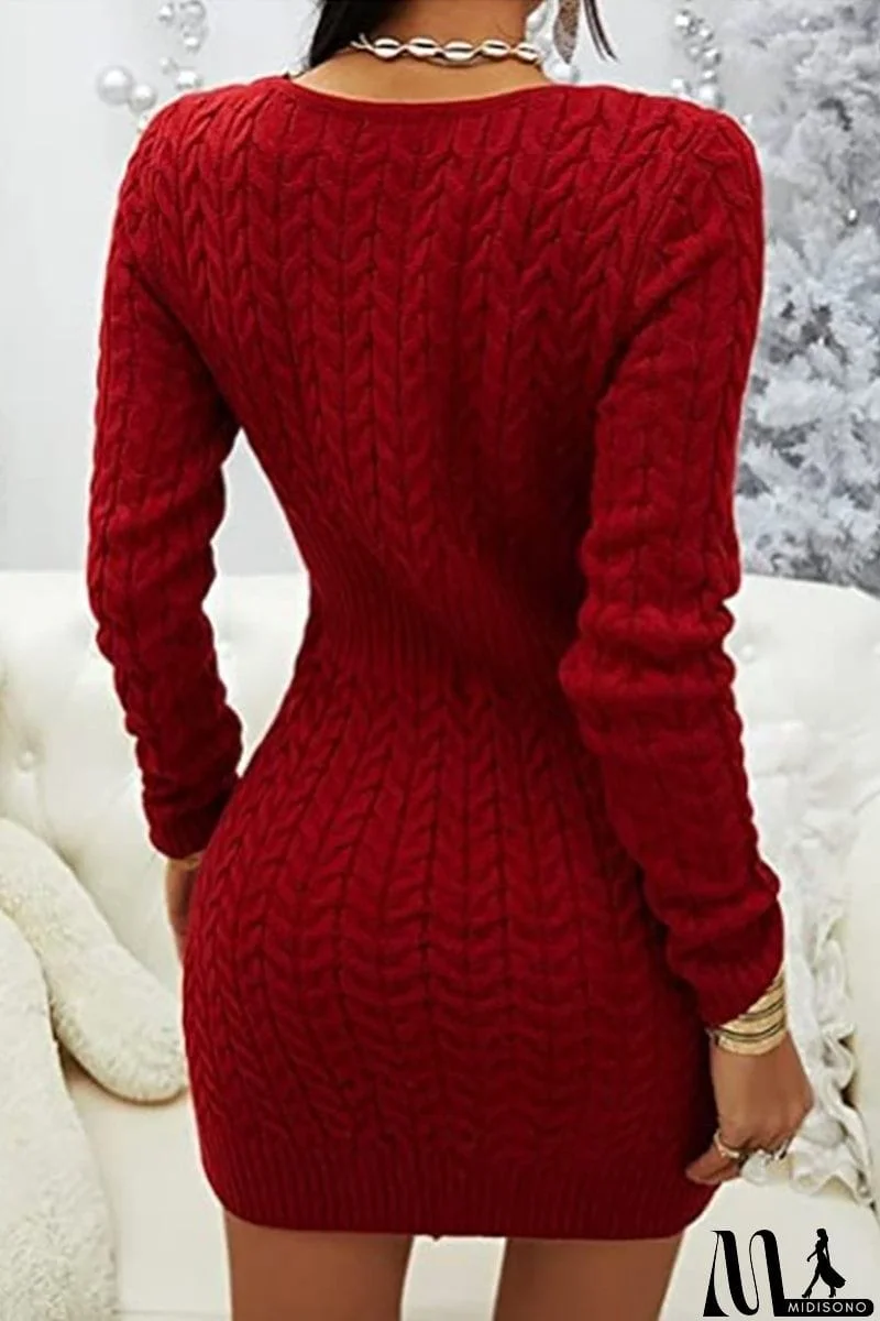 MidiSono - Zipper V Neck Bodycon Sweater Dress