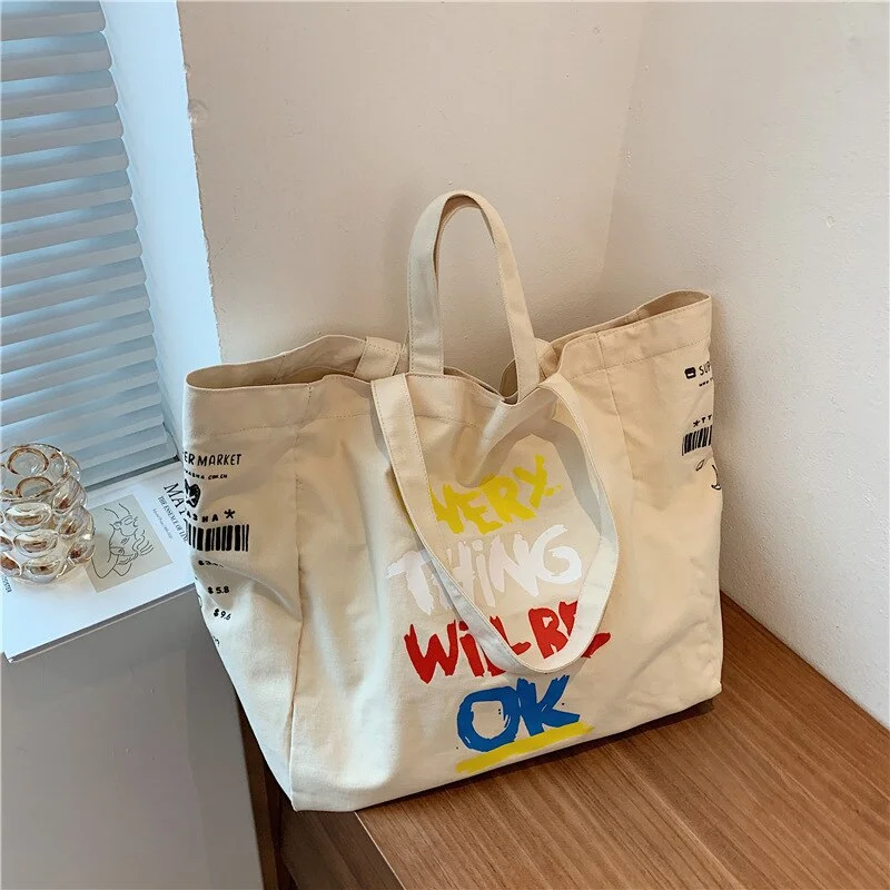 Ins Printed Canvas Bag Ladies Fashion Handbag Tide Brand The Same Cartoon Letter Shoulder Bag Shopping Bag