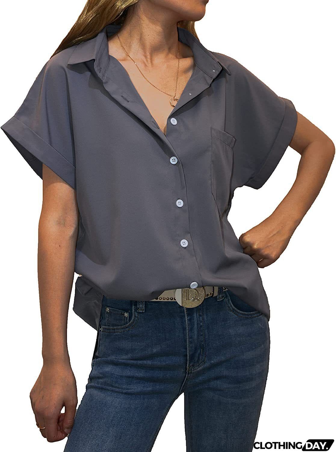 Women's Short-sleeved T-shirt V-neck Button-up Blouse