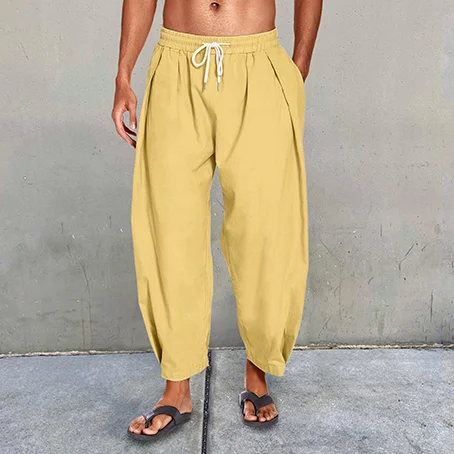 Men's Cotton Linen Drawstring Cropped Casual Harem Pants-inspireuse